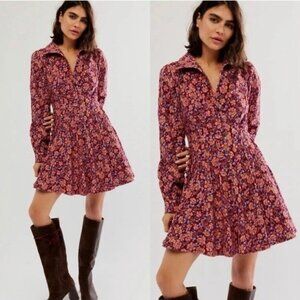 Free People Marvelous Mia Mini Dress 2 Berry Combo Plum Floral Corduroy NWT